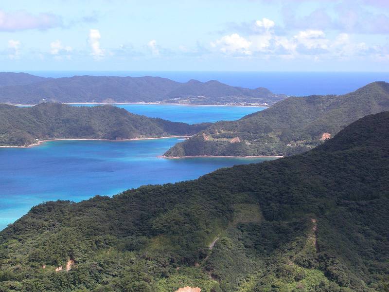 高台から見た奄美大島の入り組んだ入り江と、緑の山と青い海